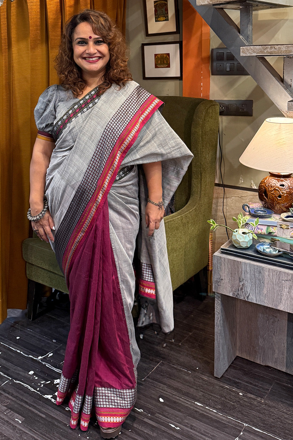 Mandira | Khunn Border Saree | Slate