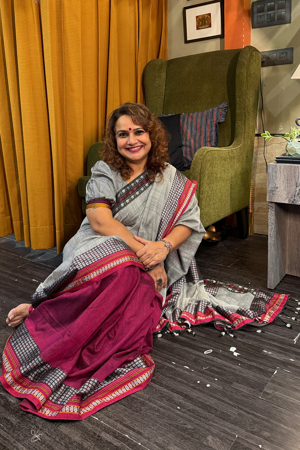 Mandira | Khunn Border Saree | Slate