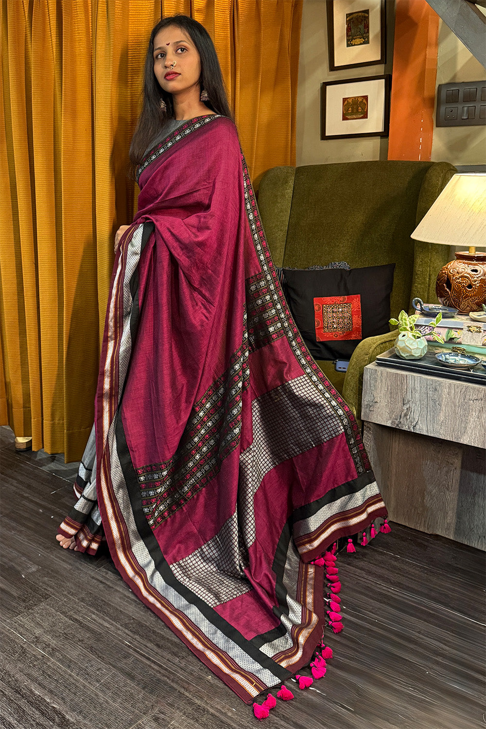 Mandira | Khunn Border Saree | Wine & Silver