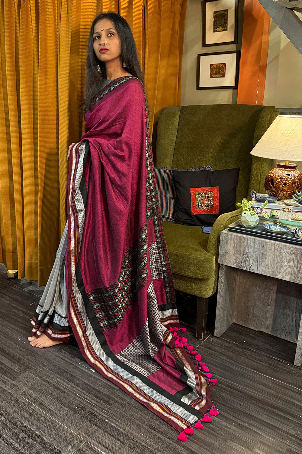 Mandira | Khunn Border Saree | Wine & Silver
