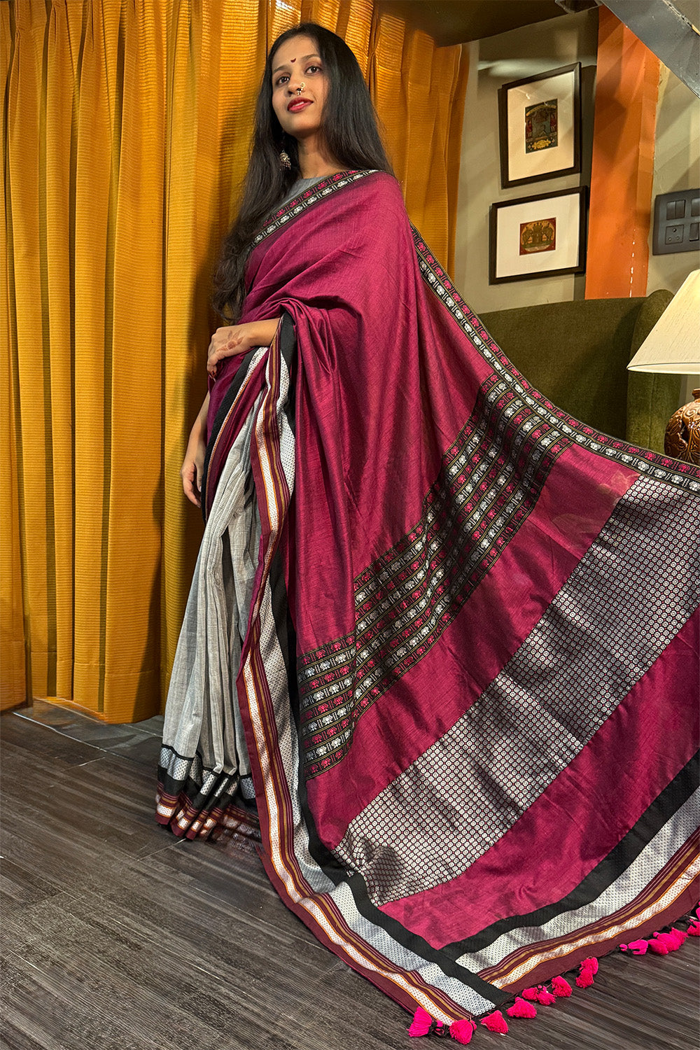 Mandira | Khunn Border Saree | Wine & Silver