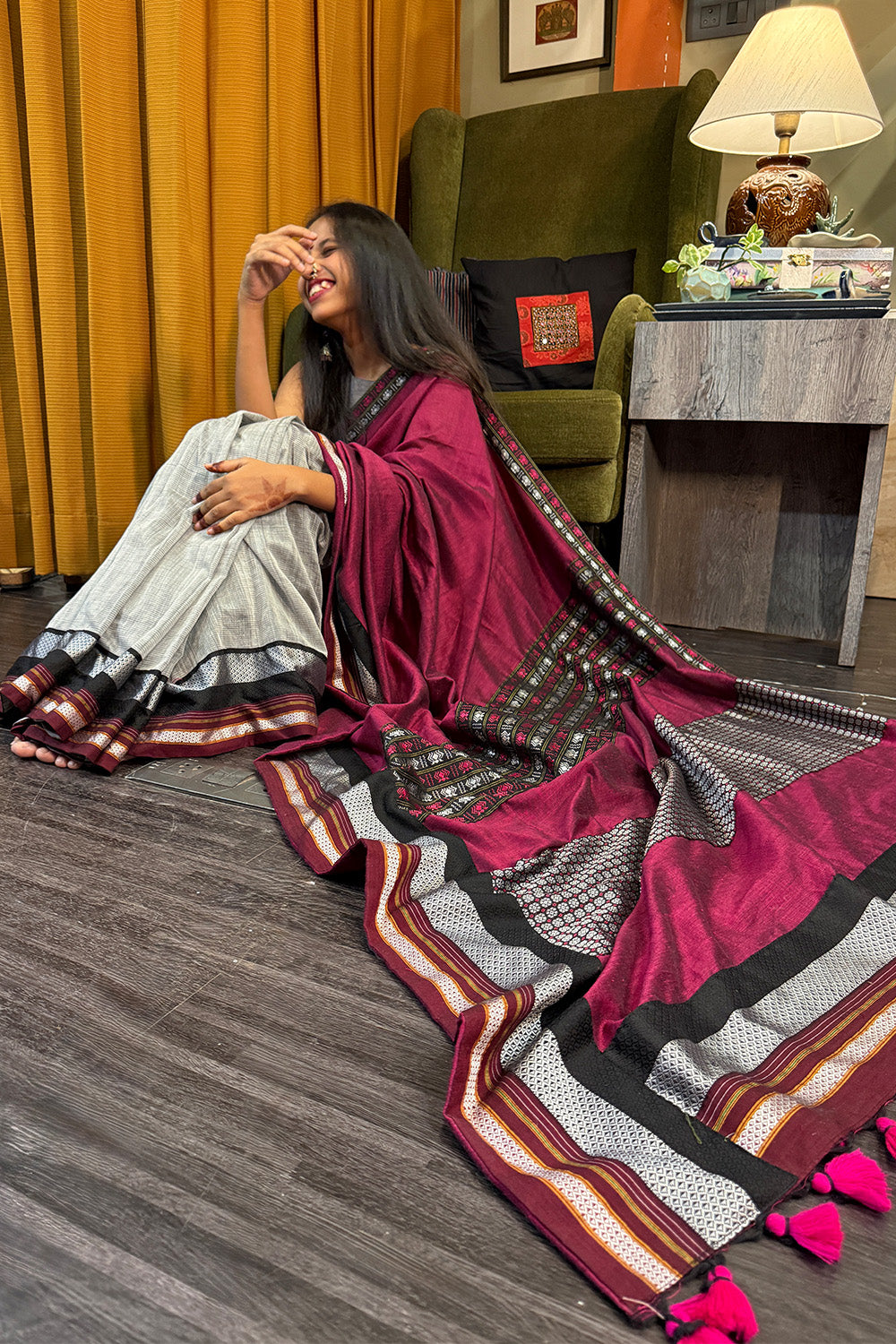 Mandira | Khunn Border Saree | Wine & Silver