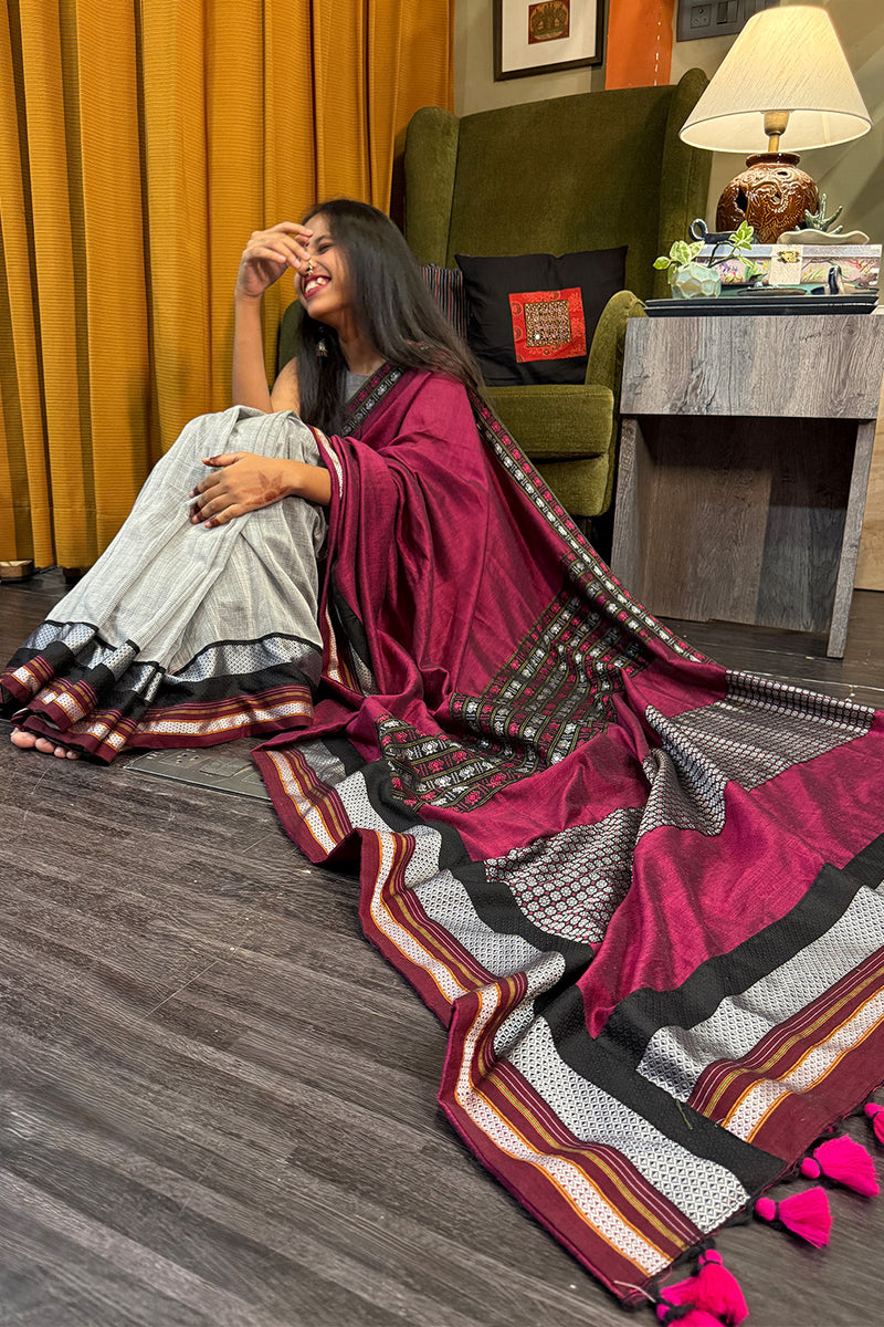 Mandira | Khunn Saree | Wine & Silver
