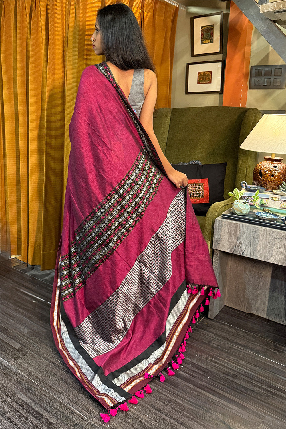 Mandira | Khunn Border Saree | Wine & Silver