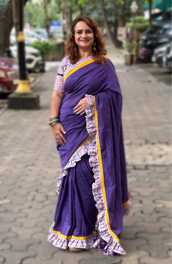 Hulchul | Frill Saree | Purple with Sanganeri