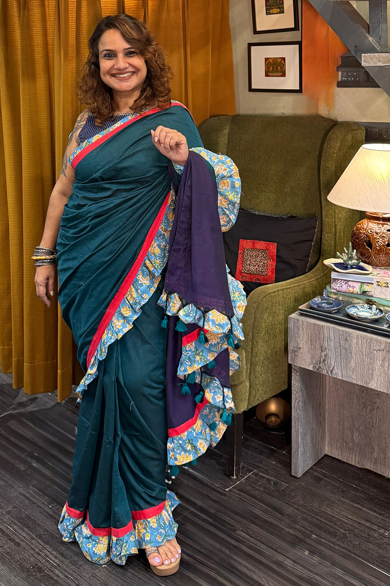 Hulchul | Frill Saree | Teal with Blue Sanganeri
