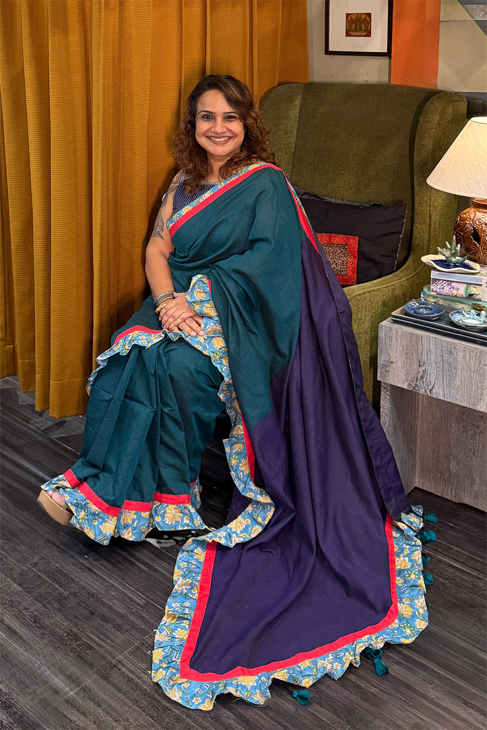 Hulchul | Frill Saree | Teal with Blue Sanganeri