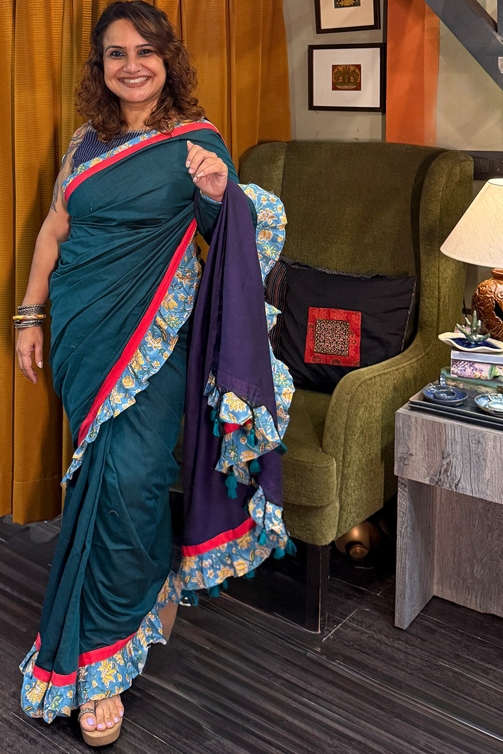 Hulchul | Frill Saree | Teal with Blue Sanganeri