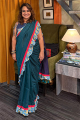 Hulchul | Frill Saree | Teal with Blue Sanganeri