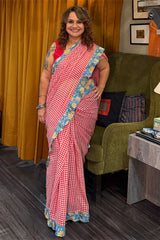 Hulchul |  Frill Saree | White & Red Checks With Sanganeri