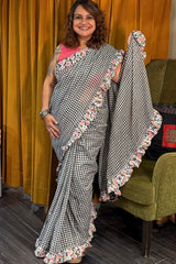 Hulchul | Frill Saree | White & Black Checks  With Sanganeri