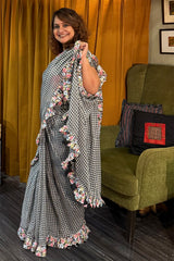 Hulchul | Frill Saree | White & Black Checks  With Sanganeri