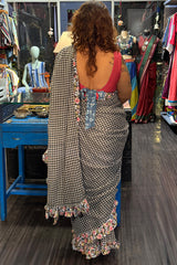 Hulchul | Frill Saree | White & Black Checks  With Sanganeri
