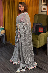 Hulchul | Frill Saree | White & Black Checks  With Sanganeri