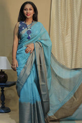 Handloom Cotton Banarasi Saree | Cyan Blue
