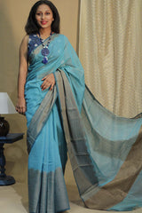 Handloom Cotton Banarasi Saree | Cyan Blue