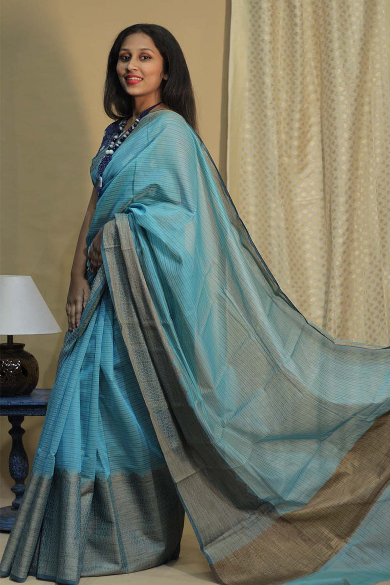 Handloom Cotton Banarasi Saree | Cyan Blue