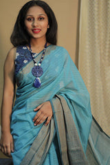 Handloom Cotton Banarasi Saree | Cyan Blue