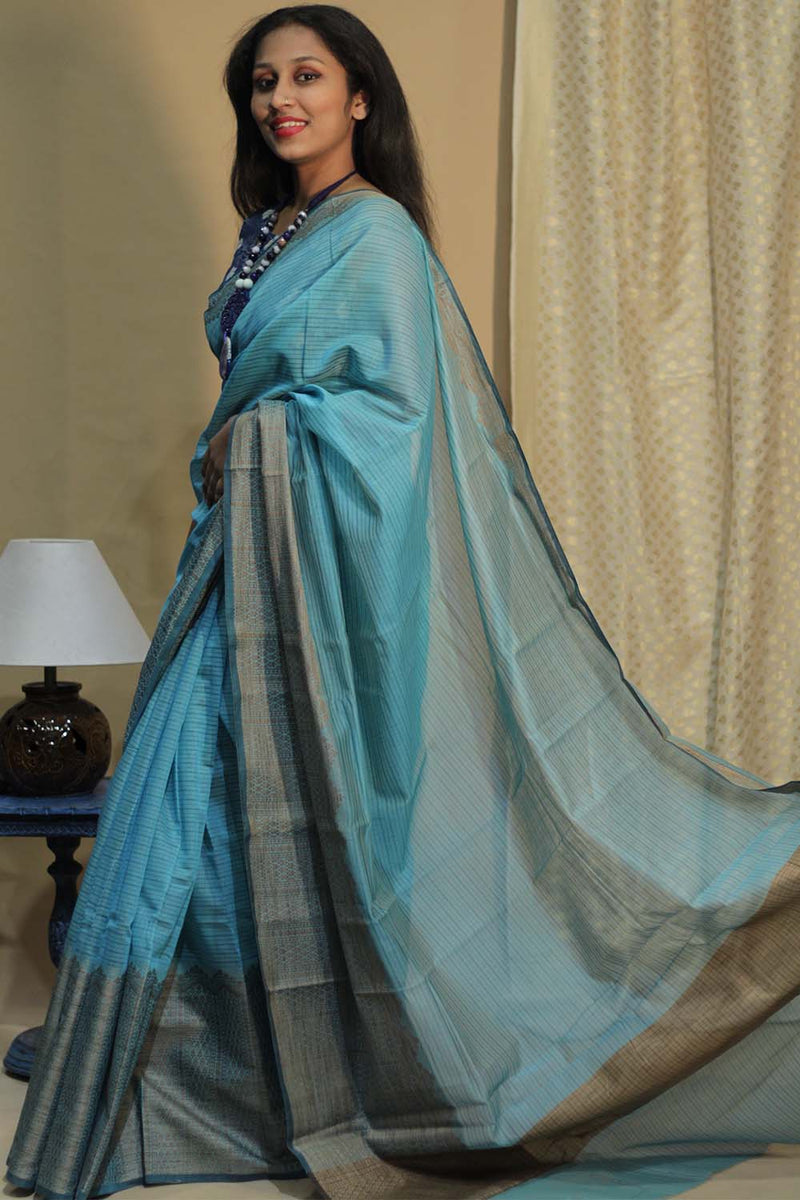 Handloom Cotton Banarasi Saree | Cyan Blue
