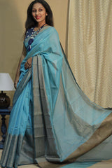 Handloom Cotton Banarasi Saree | Cyan Blue