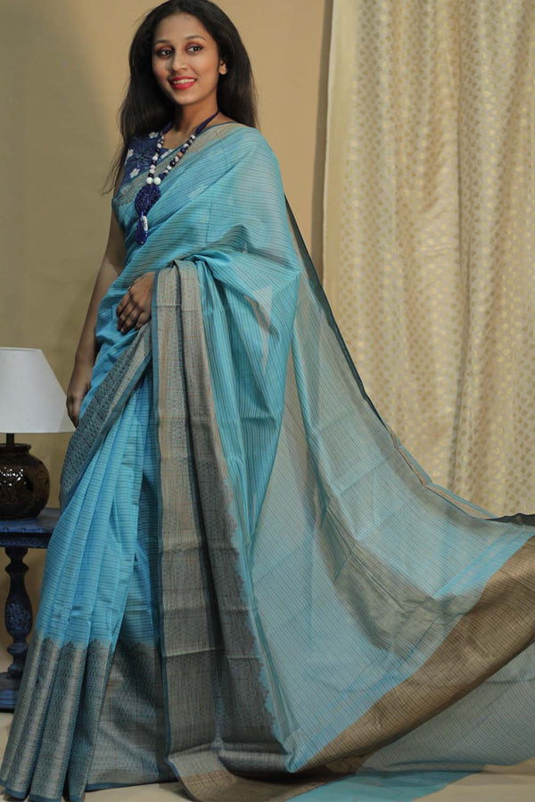 Handloom Cotton Banarasi Saree | Cyan Blue