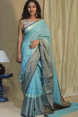 Handloom Cotton Banarasi Saree | Cyan Striped