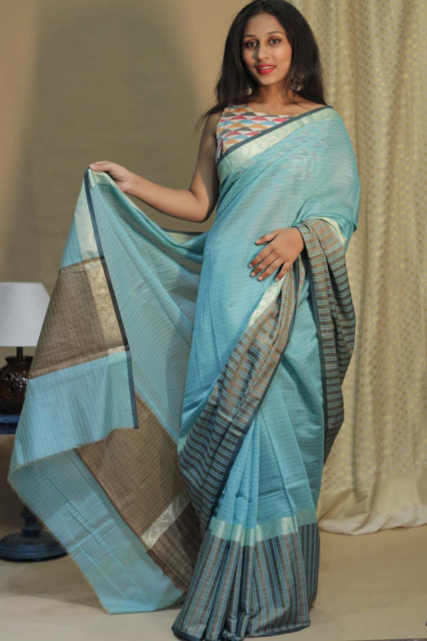 Handloom Cotton Banarasi Saree | Cyan Striped