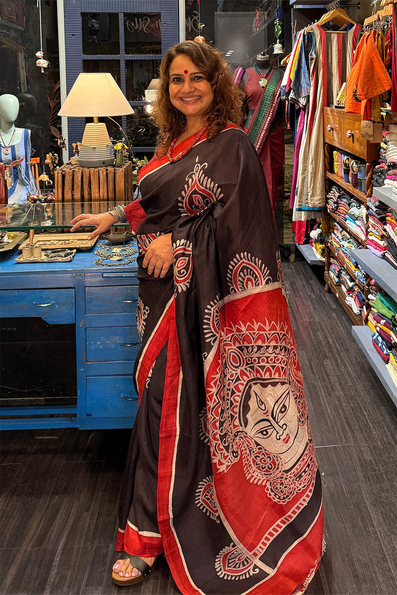 Handpainted Devi | Murshidabad Silk Saree