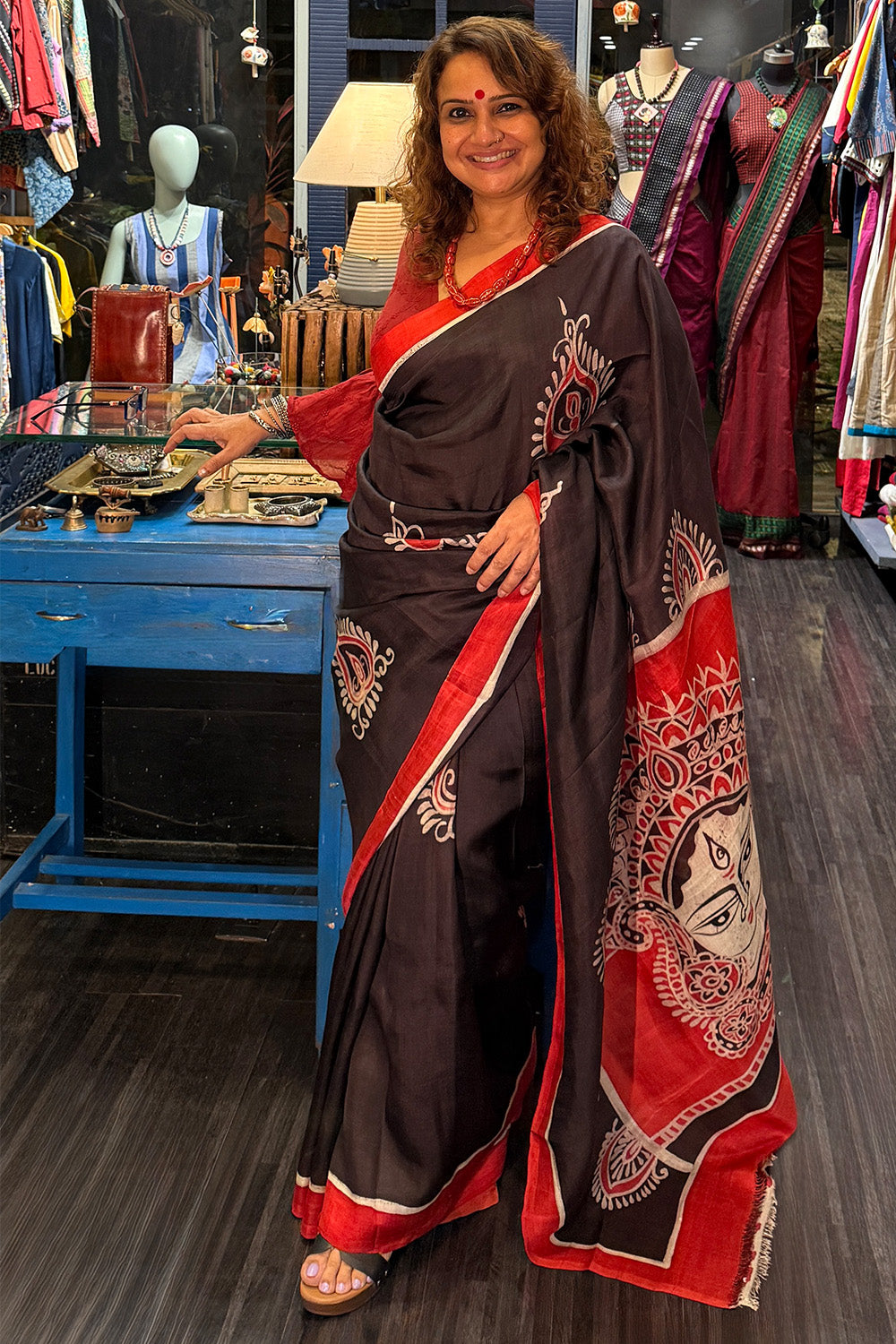 Handpainted Devi | Murshidabad Silk Saree