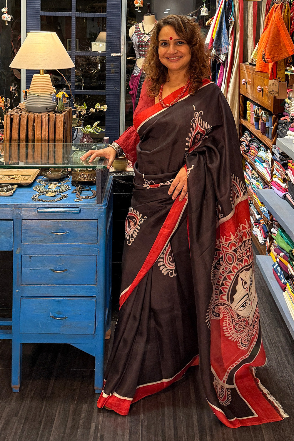 Handpainted Devi | Murshidabad Silk Saree