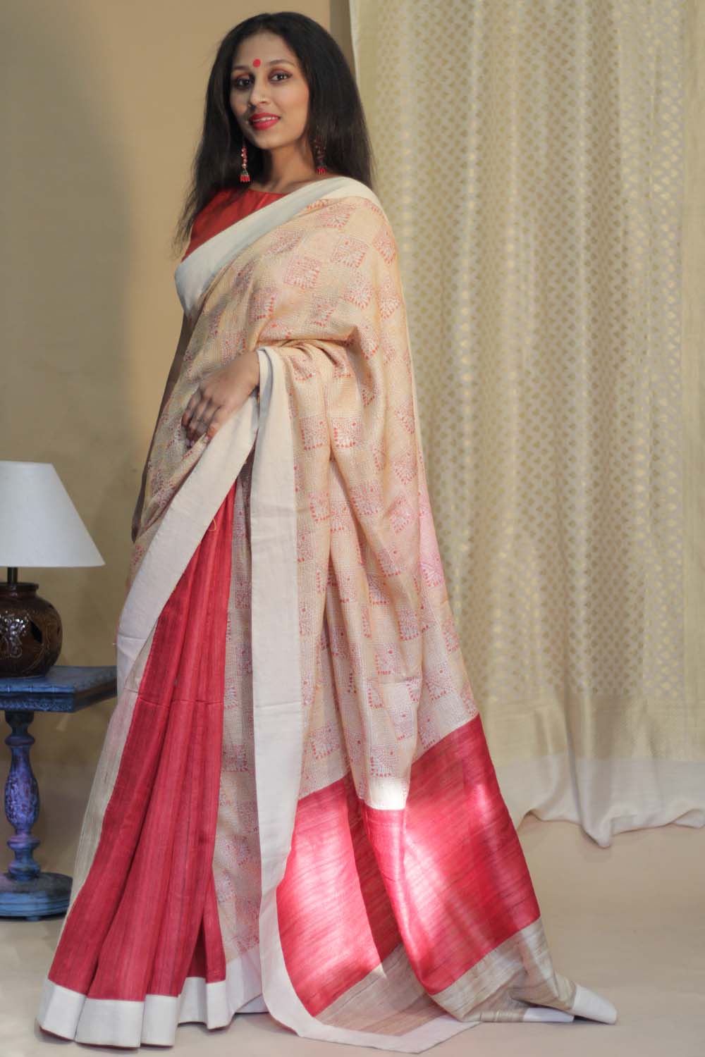 Tussar Silk Saree |  Kantha Patli Pallu | Red