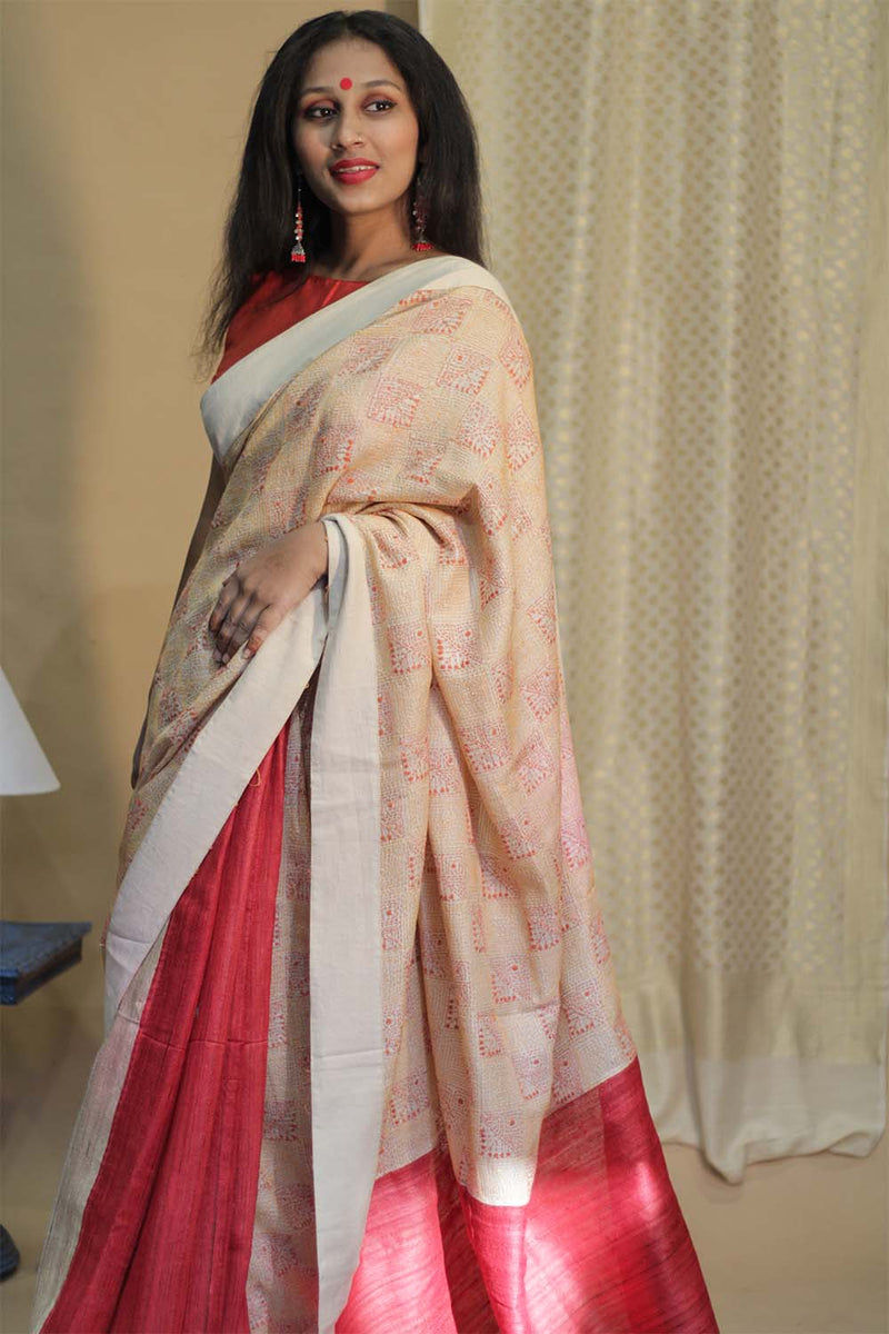 Tussar Silk Saree |  Kantha Patli Pallu | Red