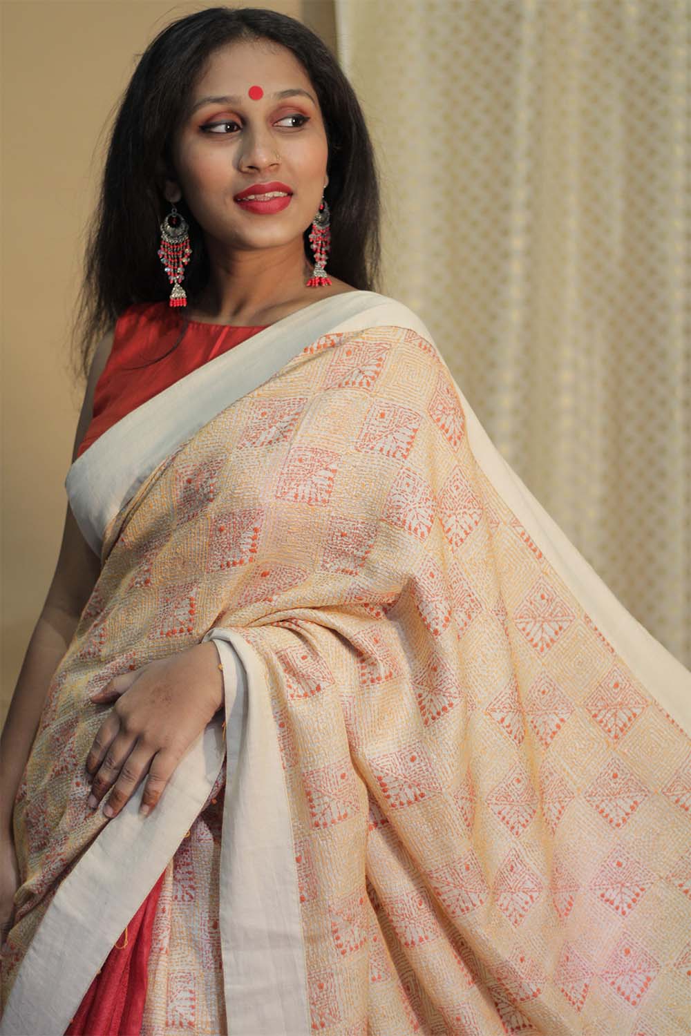 Tussar Silk Saree |  Kantha Patli Pallu | Red