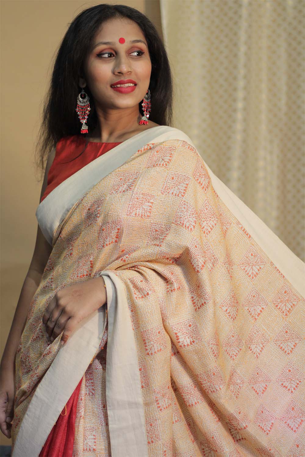 Tussar Silk Saree |  Kantha Patli Pallu | Red