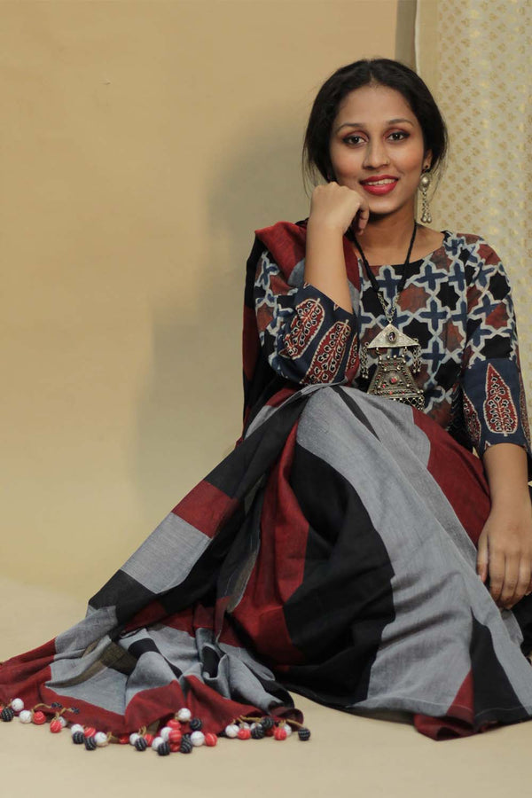 Khadi Saree | Black Red Medley with Chindi Tassels