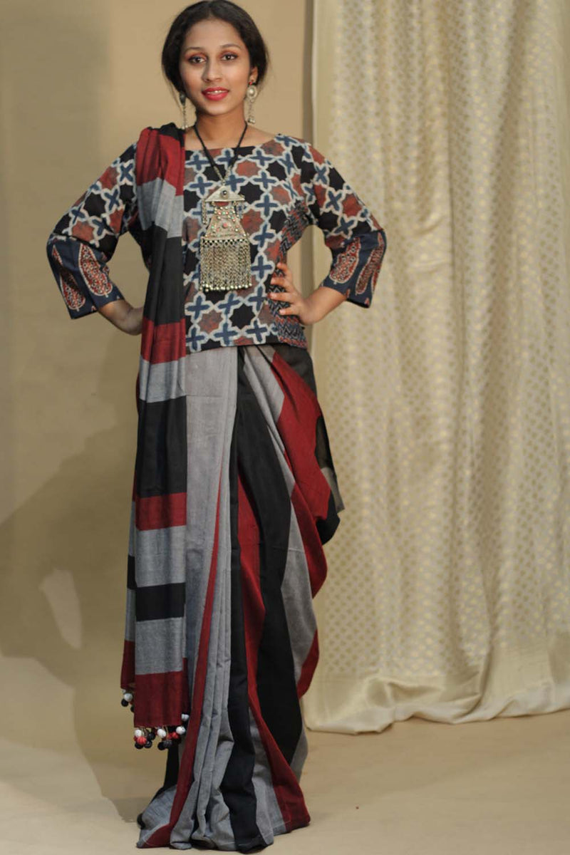Khadi Saree | Black Red Medley with Chindi Tassels