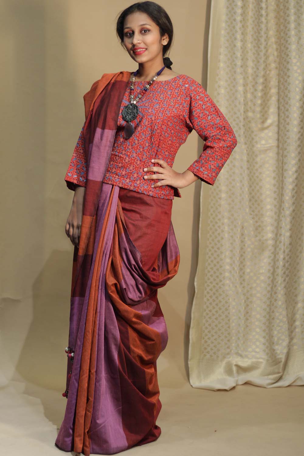 Saree | Pink Orange Medley with Chindi Tassels