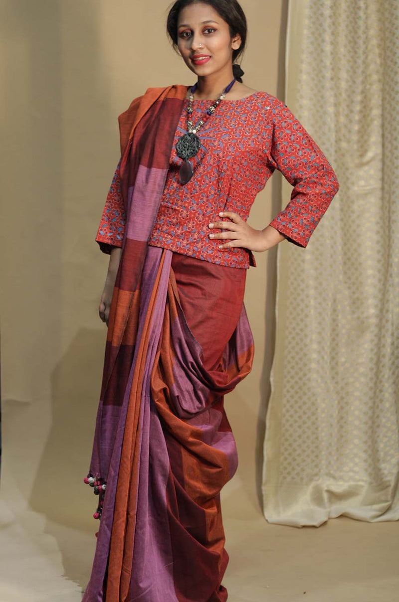 Khadi Saree | Pink Orange Medley with Chindi Tassels