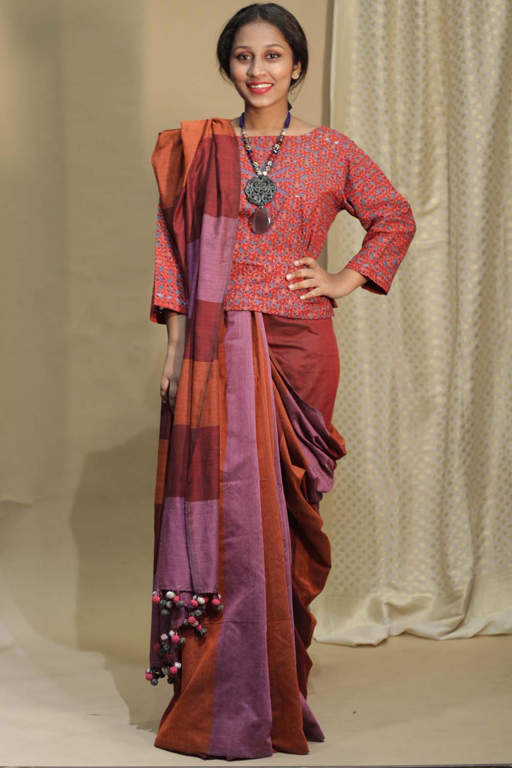 Saree | Pink Orange Medley with Chindi Tassels