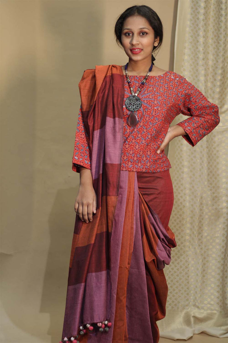 Khadi Saree | Pink Orange Medley with Chindi Tassels