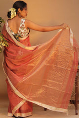 Handloom Maheshwari Saree | Silk Cotton Tissue | Rust Orange
