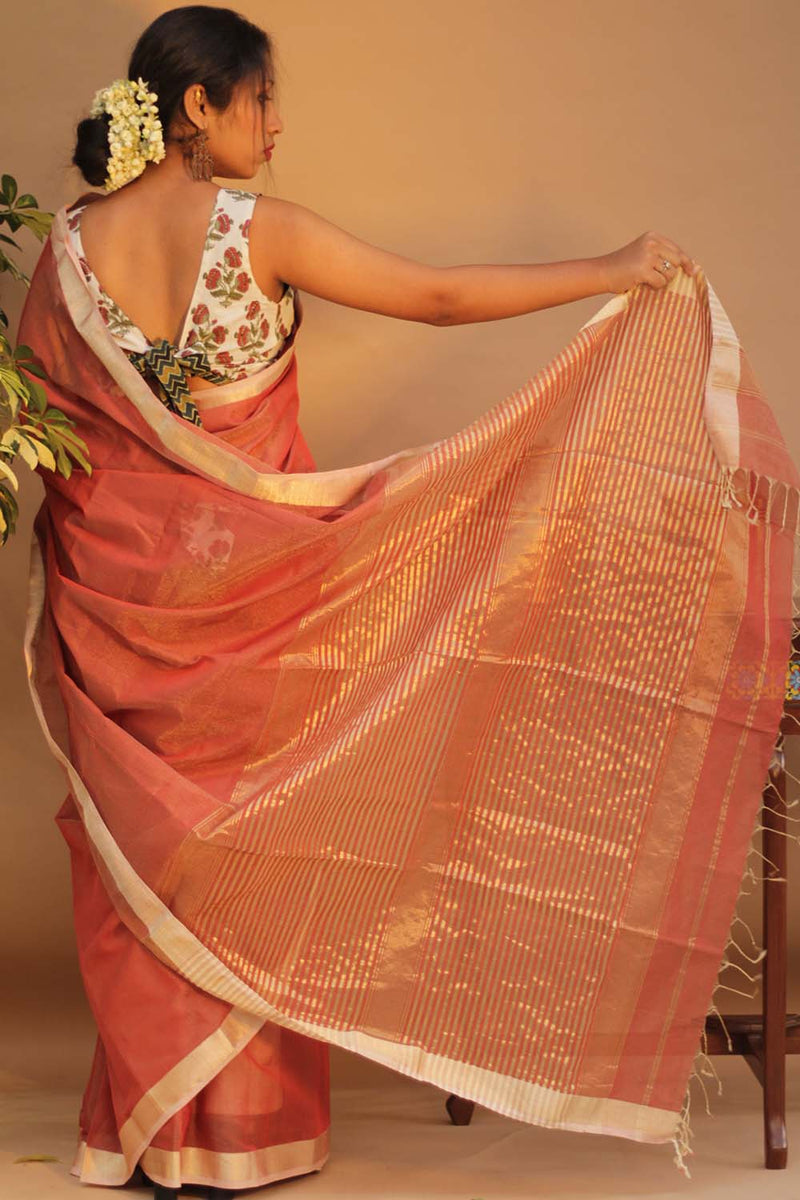 Handloom Maheshwari Saree | Silk Cotton Tissue | Rust Orange