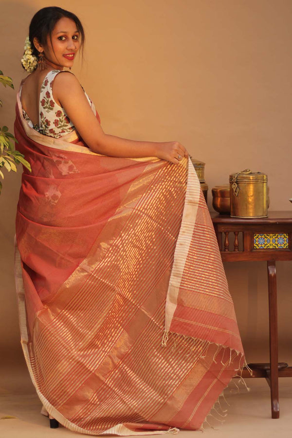 Handloom Maheshwari Saree | Silk Cotton Tissue | Rust Orange