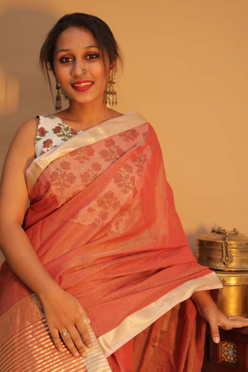 Handloom Maheshwari Saree | Silk Cotton Tissue | Rust Orange
