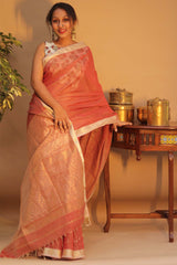 Handloom Maheshwari Saree | Silk Cotton Tissue | Rust Orange