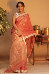 Handloom Maheshwari Saree | Silk Cotton Tissue | Rust Orange