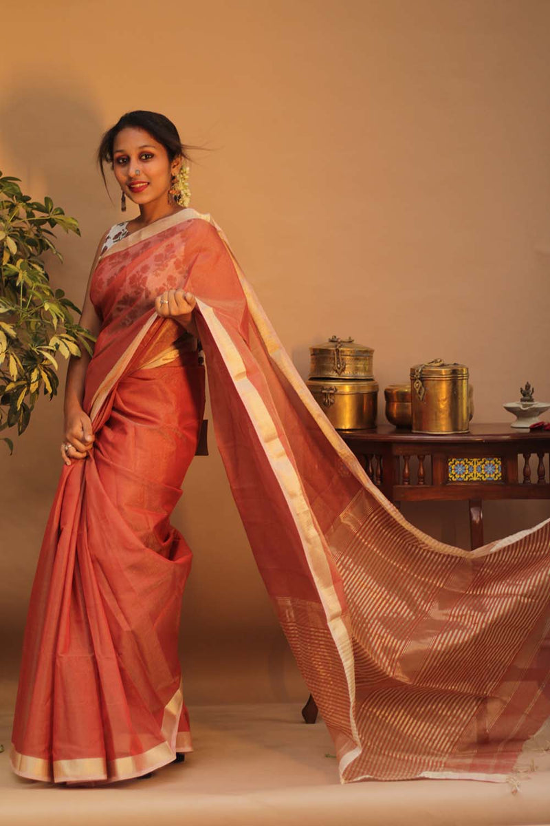 Handloom Maheshwari Saree | Silk Cotton Tissue | Rust Orange