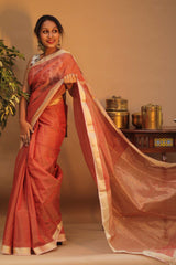 Handloom Maheshwari Saree | Silk Cotton Tissue | Rust Orange