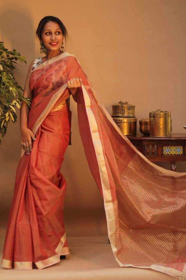 Handloom Maheshwari Saree | Silk Cotton Tissue | Rust Orange