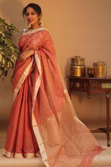 Handloom Maheshwari Saree | Silk Cotton Tissue | Rust Orange